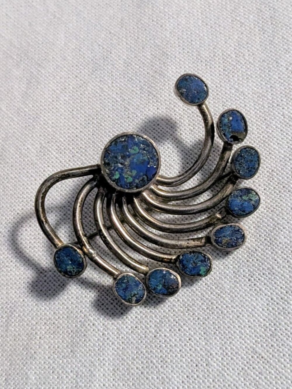 Vintage Taxco Sterling Silver Azurite Malachite Sunburst Fan Brooch Pin